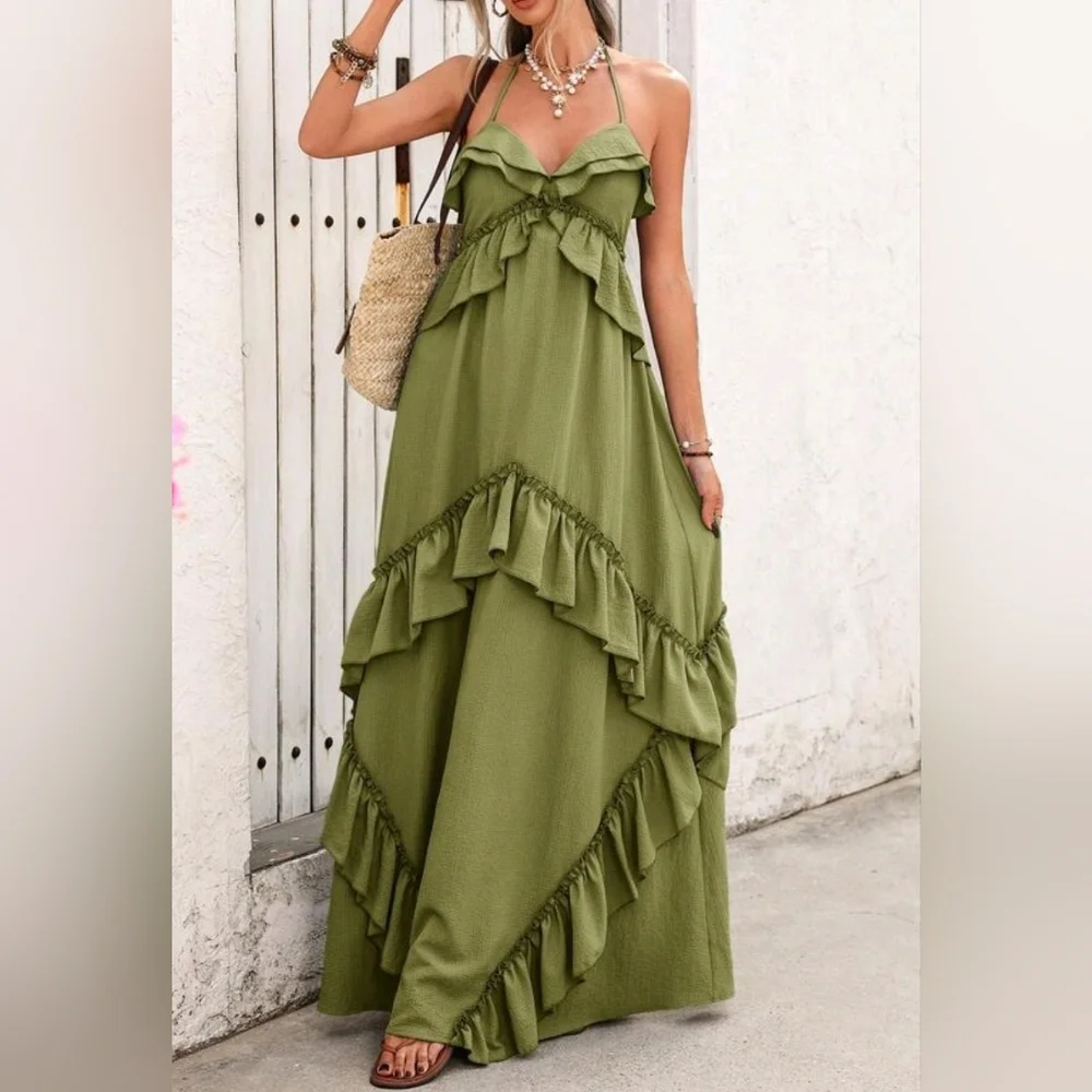 New Strappy Tie Tiered Ruffle Cami Maxi Dress Green - Picture 7 of 10
